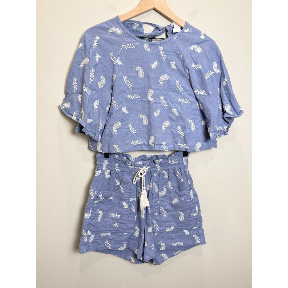 House of Harlow 1960 Linen Blend Top Shorts Set Embroidered Chambray Blue XS